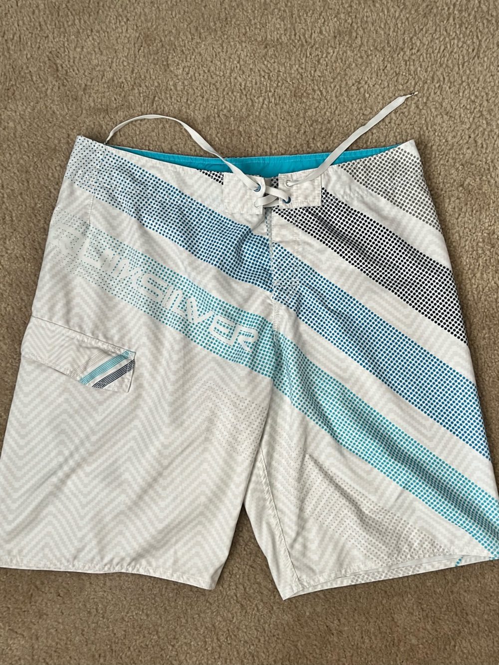 Quiksilver White Swim Board Shorts with Teal & Light Blue Stripes 38
